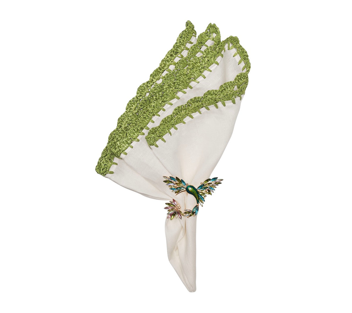 Shell Edge Napkin in White & Green, Set of 4