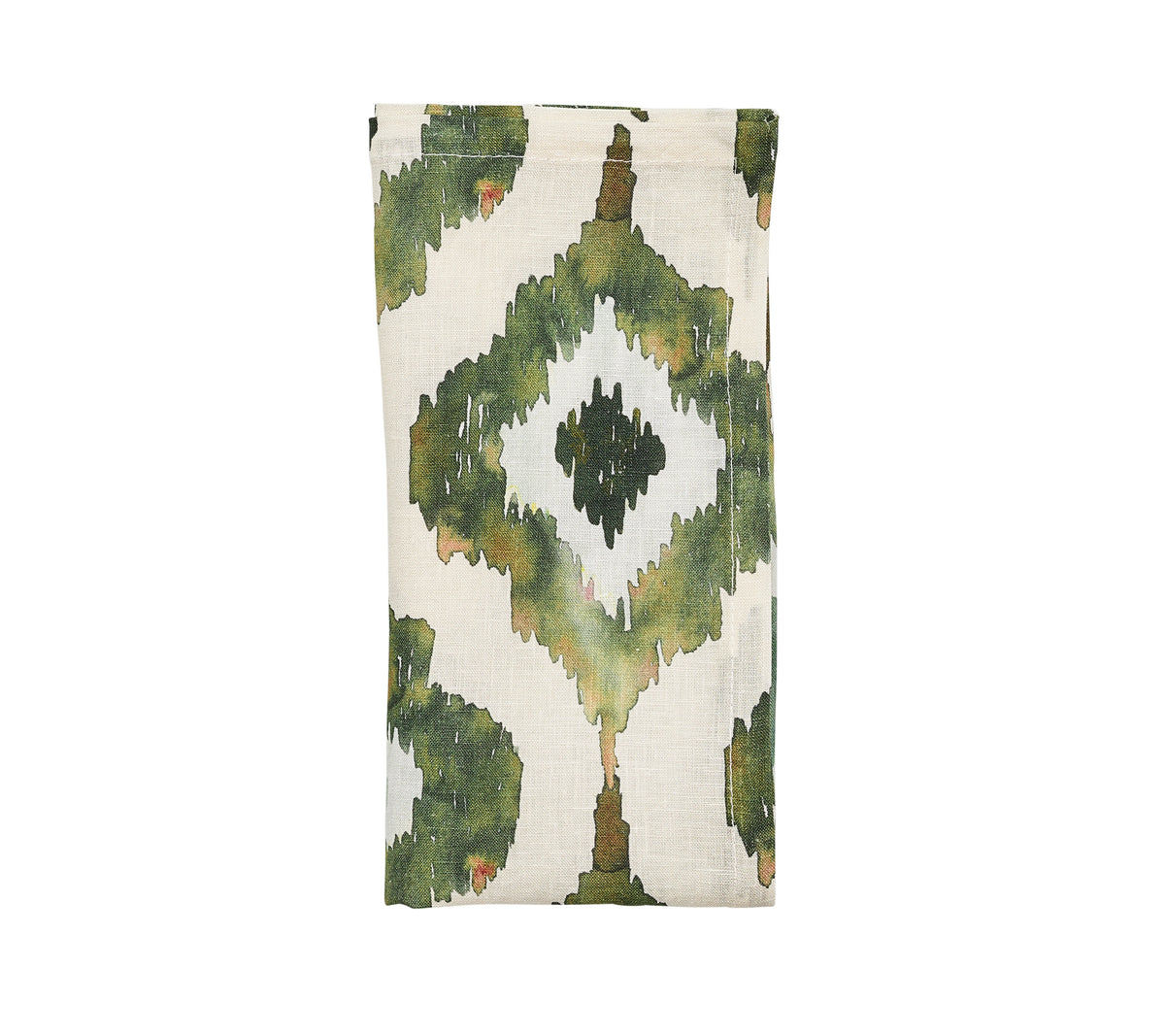 Folded view of Watercolor Ikat Napkin in Olive, Set of 4 showcasing a green ikat pattern against a white background