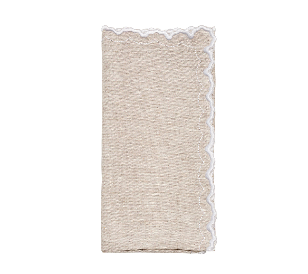 Folded Arches linen napkin showing natural fabric with white scalloped embroidered border on white background