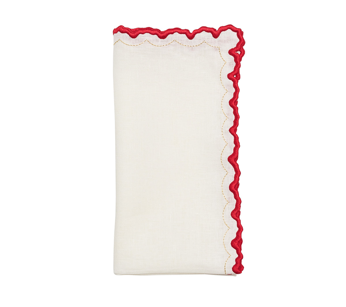 Front view of Arches napkin set showcasing white linen, red geometric embroidery, and gold pick stitching on a white background