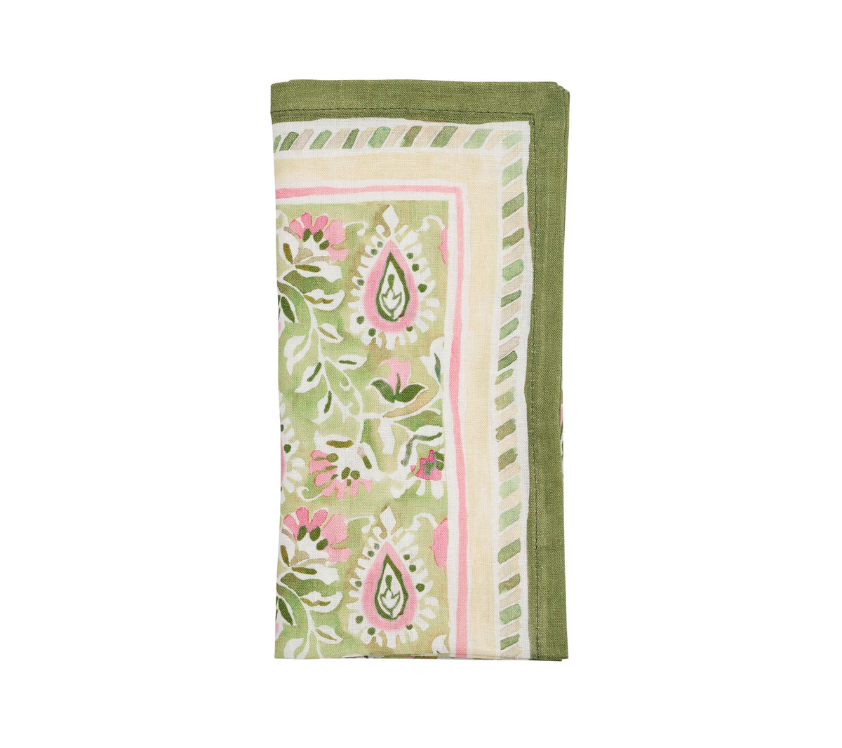 Folded view of Mira Napkin in Green & Pink, Set of 4 showcasing a paisley linen pattern with a white background