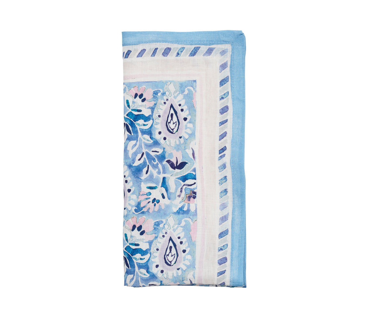 Folded view of Mira Napkin in Lilac and Blue, Set of 4 showcasing hand-painted paisley patterns on linen