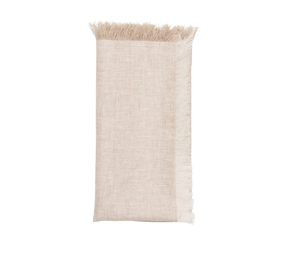Front view of Chambray Fringe Napkin in Natural showcasing two-toned linen texture with a white background
