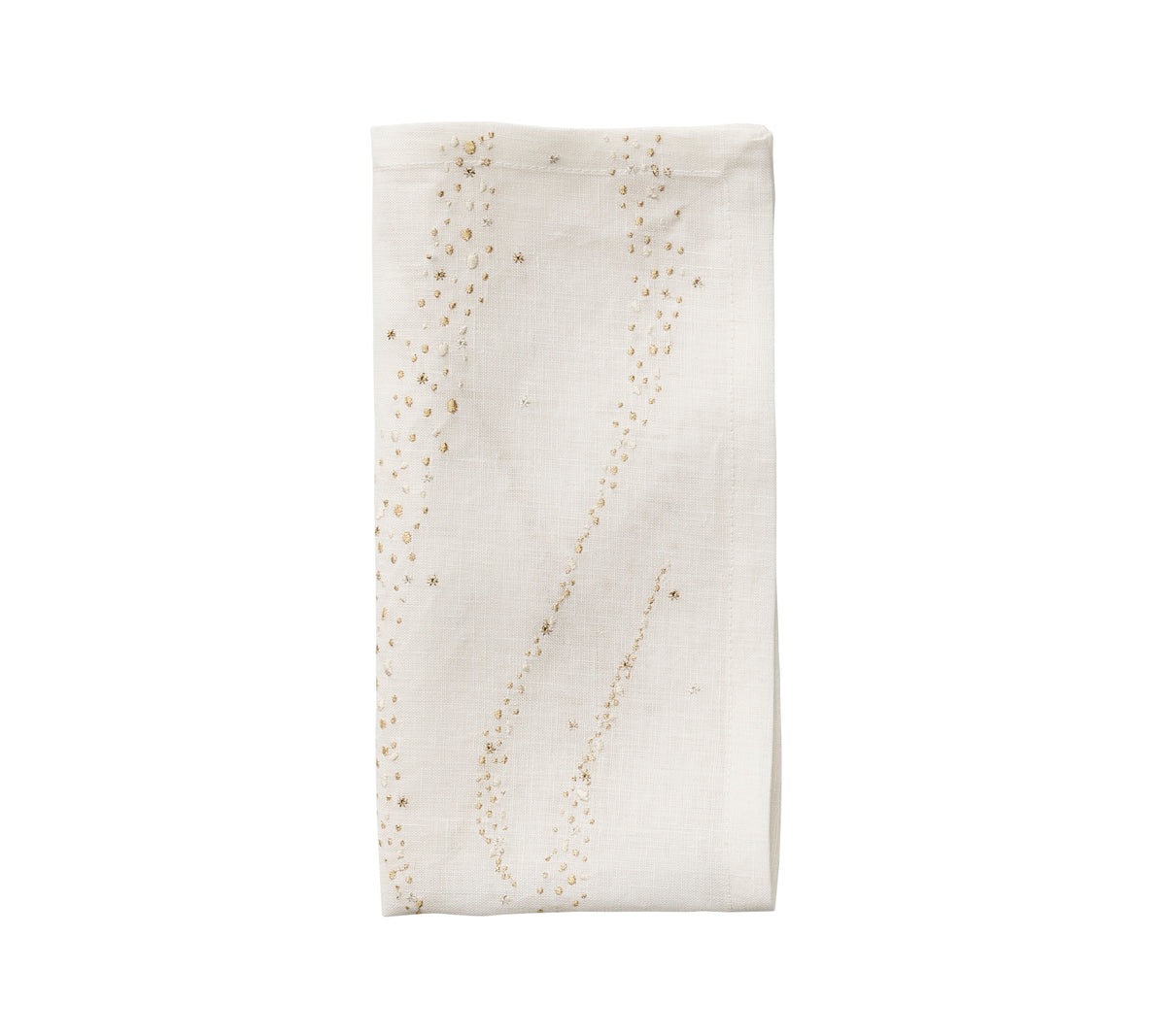 Front view of Star Spray Napkin set of 4 with gold, beige, gray, and silver embroidered dots on white linen against white