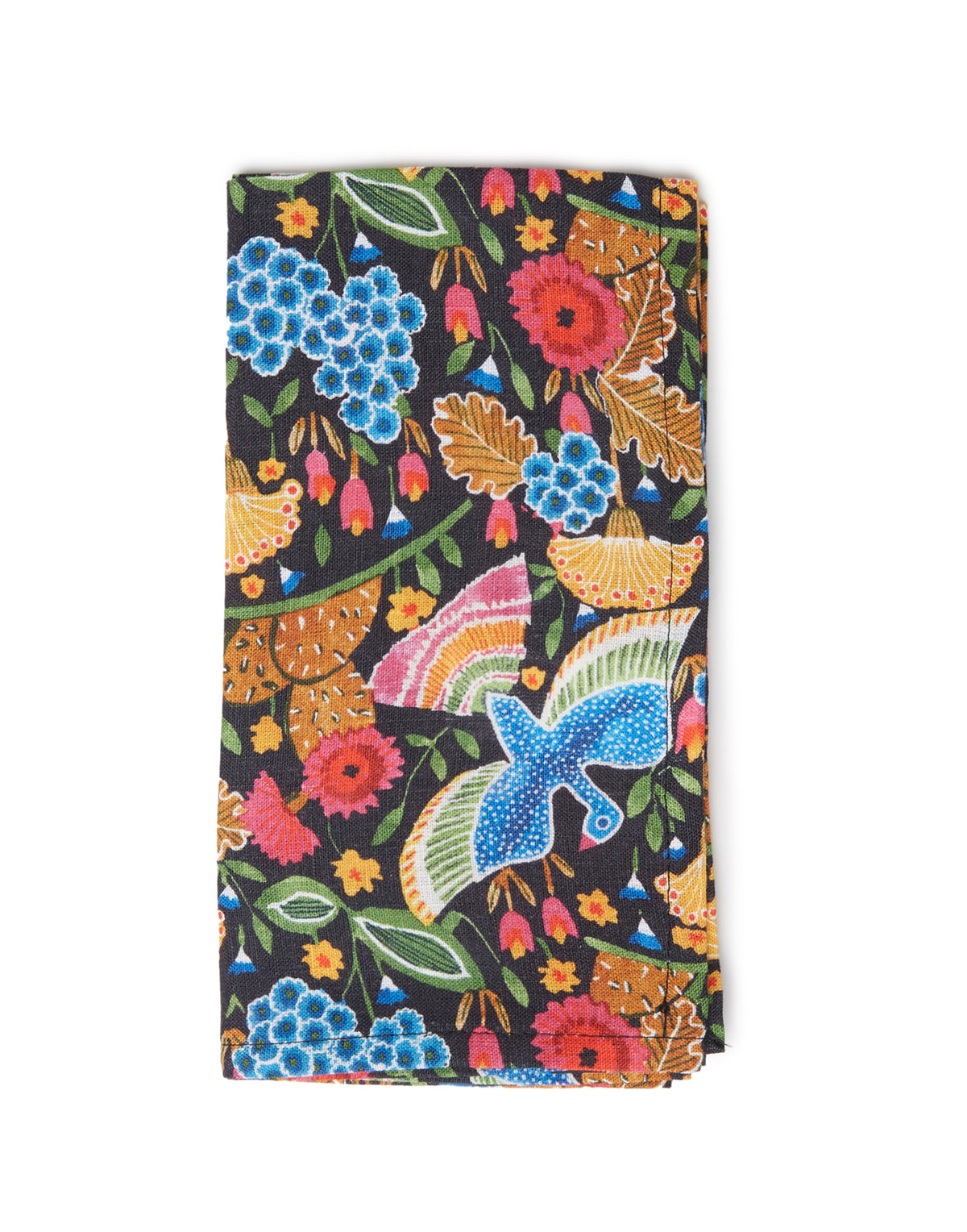 Close-up of Large Napkins in Colombo Piccolo Nero Multicolor, Set of 2 showcasing colorful floral print on black linen