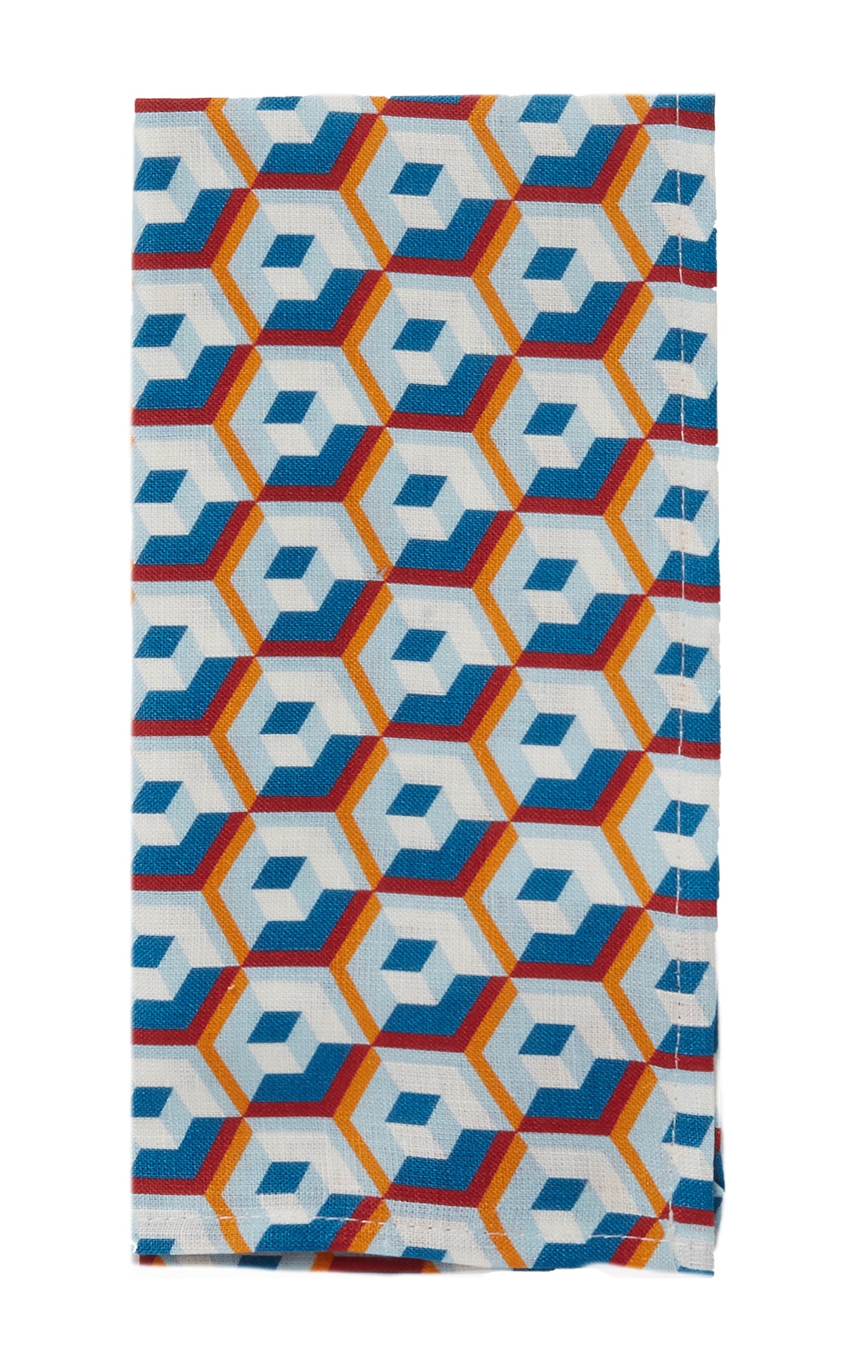 Close-up of Large Napkins in Cubo Giallo/Fuxsia Blue, Set of 2 showcasing bold geometric Italian linen print on a white background