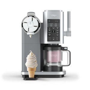 Front view of Creami Swirl 13-in-1 soft-serve ice cream machine showing nozzle dispensing a swirl cone and controls on white