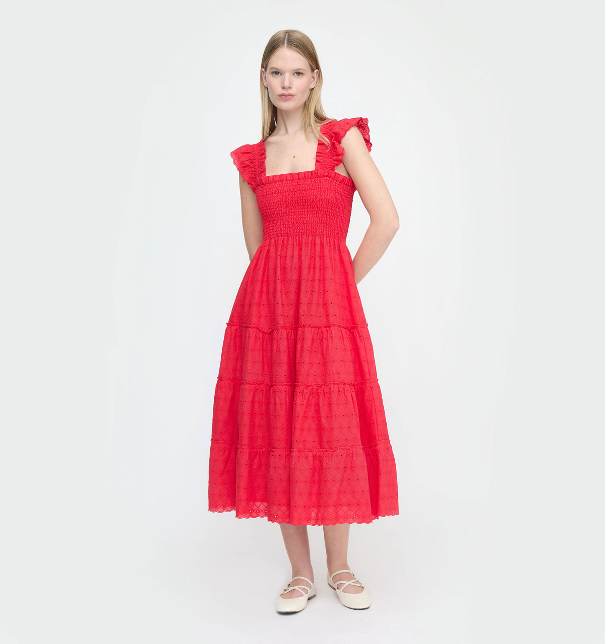 The Ellie Nap Dress in Red Daisy Check Eyelet