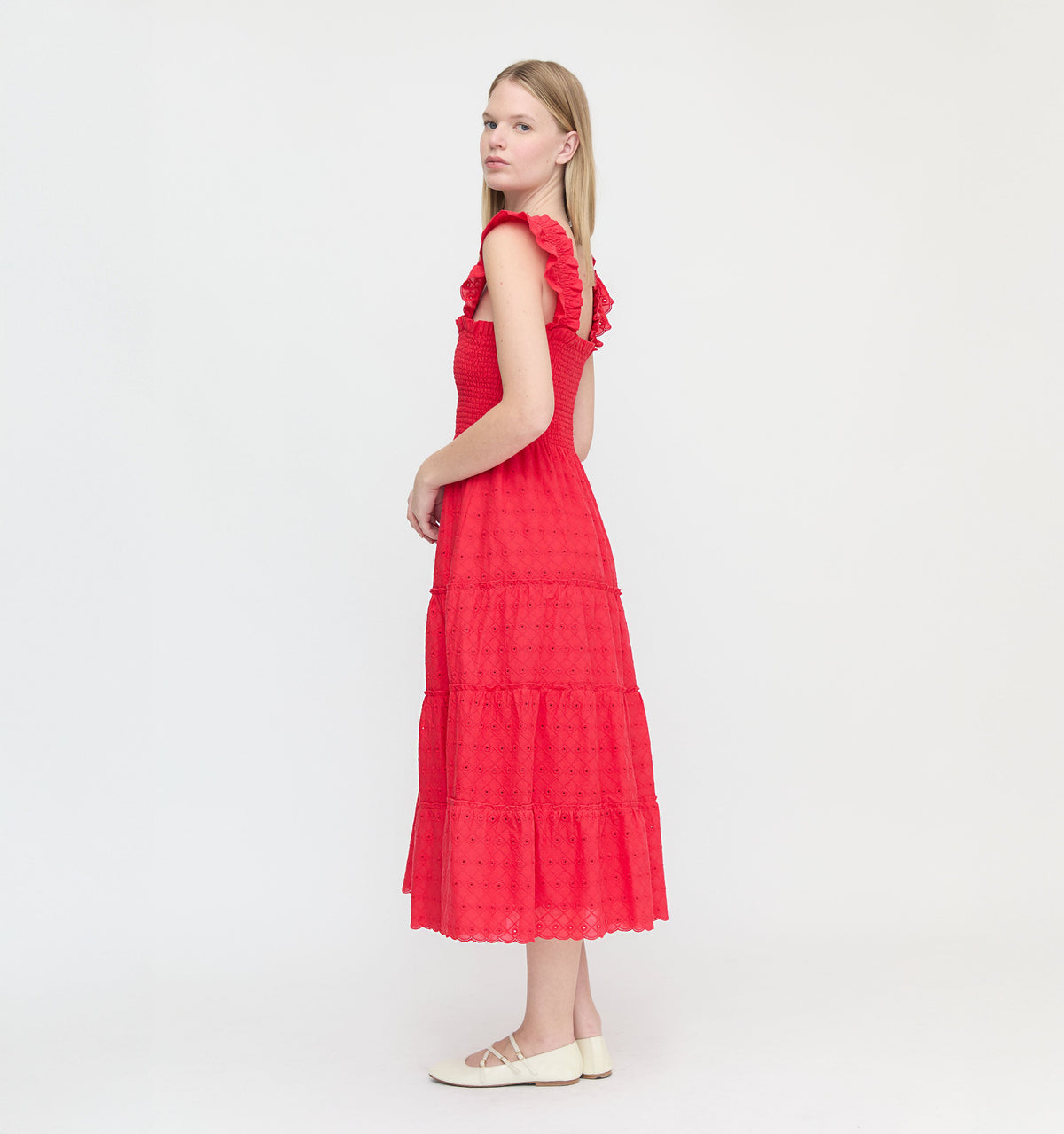 The Ellie Nap Dress in Red Daisy Check Eyelet