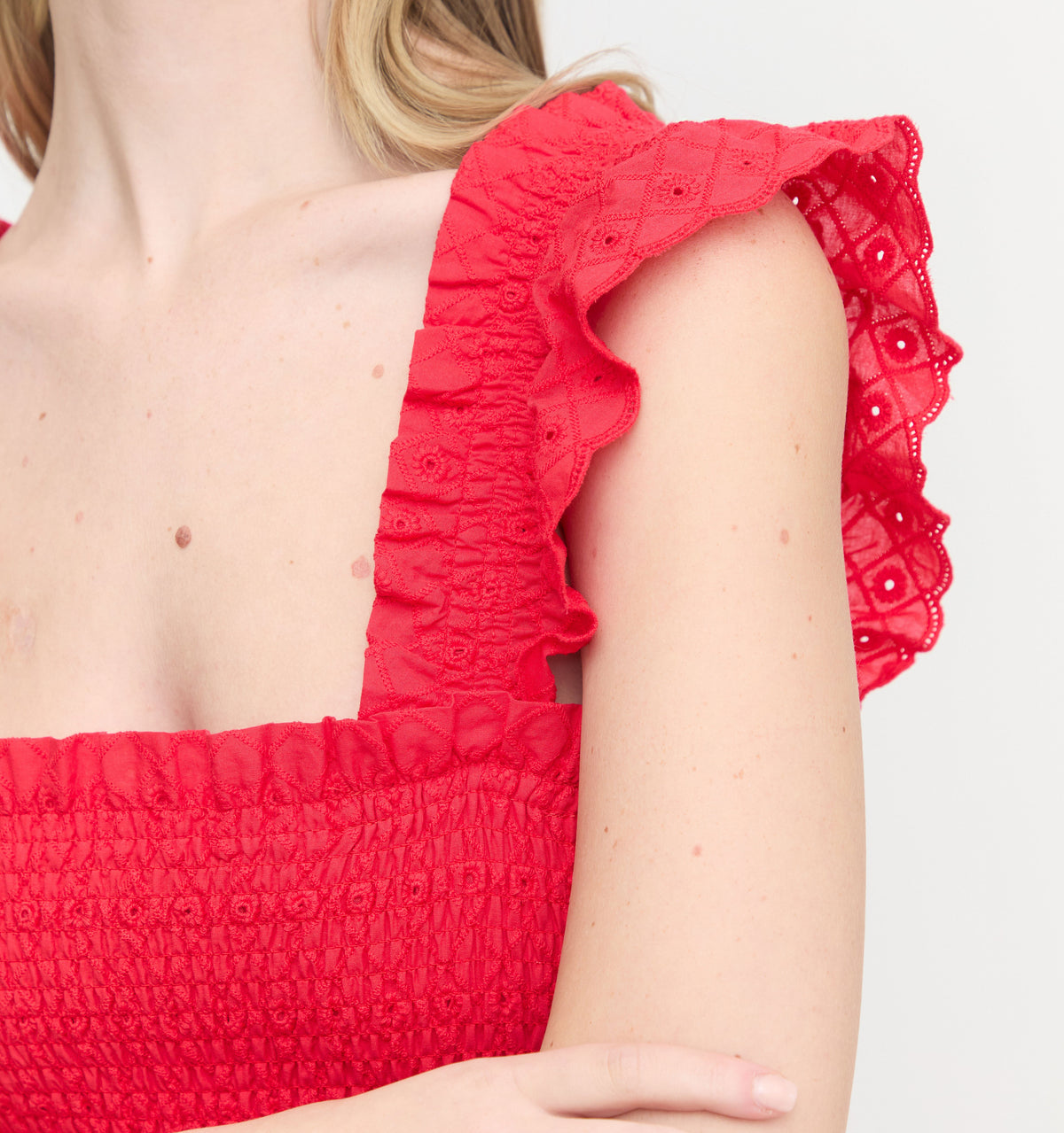 The Ellie Nap Dress in Red Daisy Check Eyelet