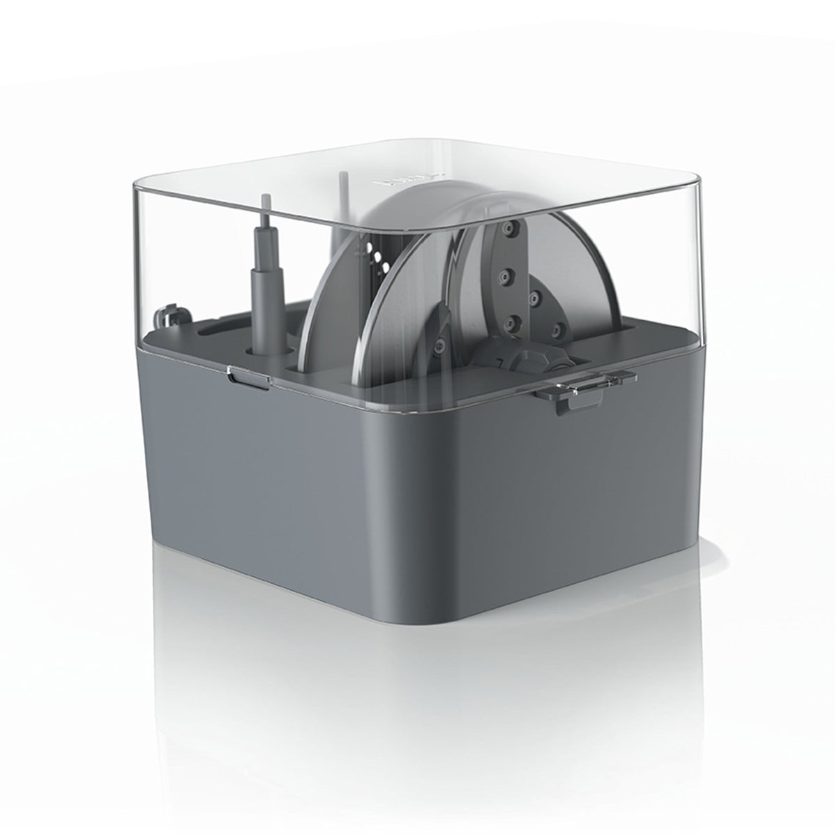 Three-quarter view of Professional XL 12-Cup Food Processor storage box with organized blades and discs on white background