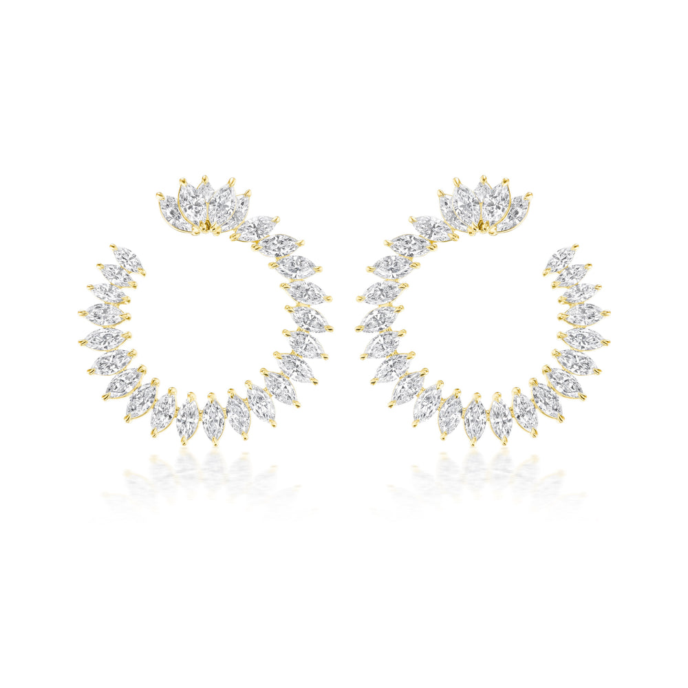 The Cluster Marquise Climbing Ivy Front to Back Hoops are 18k gold circular earrings featuring marquise-cut clear gemstones in a radiant, fan-like cluster—ideal for adding elegant style.