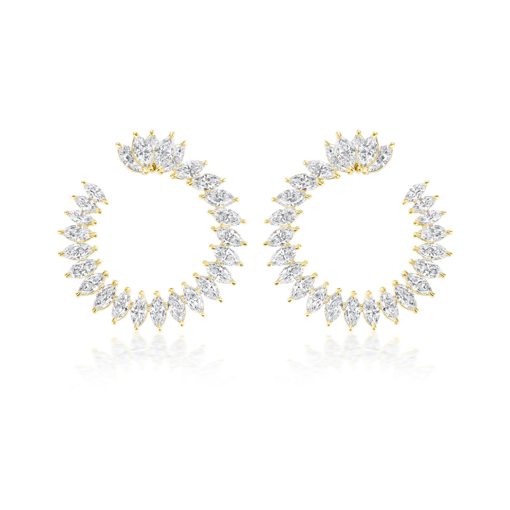 The Cluster Marquise Climbing Ivy Front to Back Hoops are 18k gold circular earrings featuring marquise-cut clear gemstones in a radiant, fan-like cluster—ideal for adding elegant style.