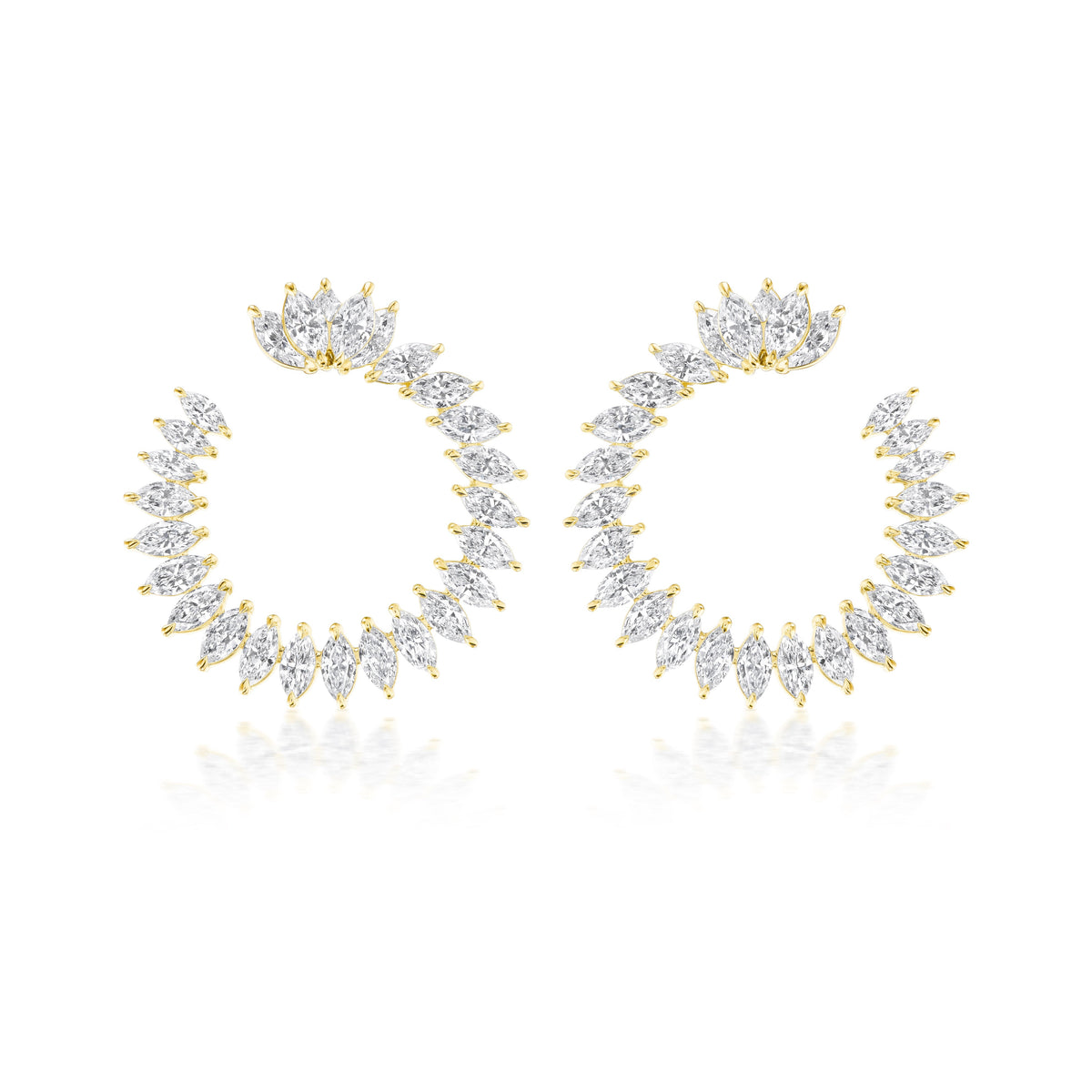 The Cluster Marquise Climbing Ivy Front to Back Hoops are 18k gold circular earrings featuring marquise-cut clear gemstones in a radiant, fan-like cluster—ideal for adding elegant style.