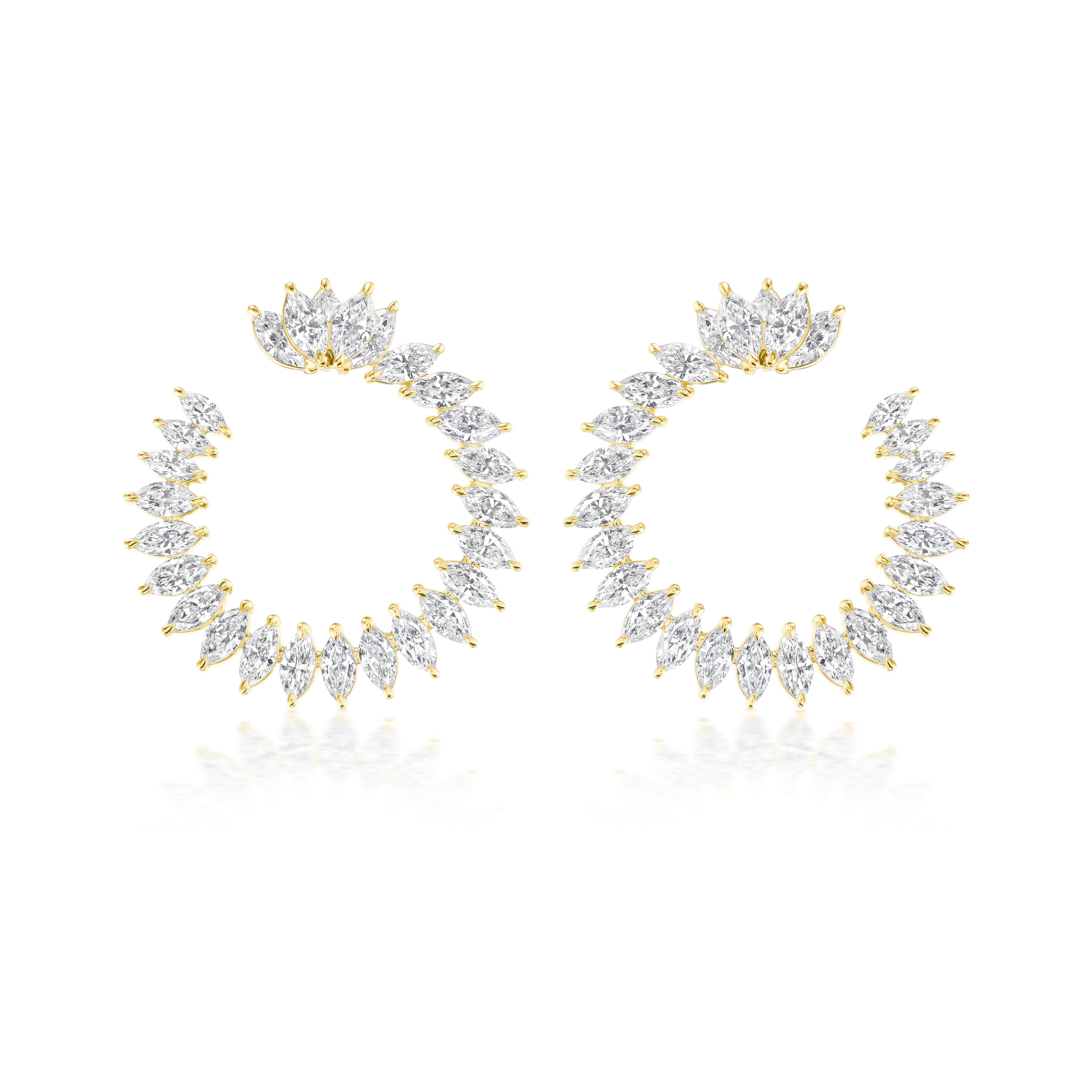 The Cluster Marquise Climbing Ivy Front to Back Hoops are 18k gold circular earrings featuring marquise-cut clear gemstones in a radiant, fan-like cluster—ideal for adding elegant style.