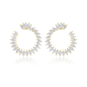 The Cluster Marquise Climbing Ivy Front to Back Hoops are 18k gold circular earrings featuring marquise-cut clear gemstones in a radiant, fan-like cluster—ideal for adding elegant style.