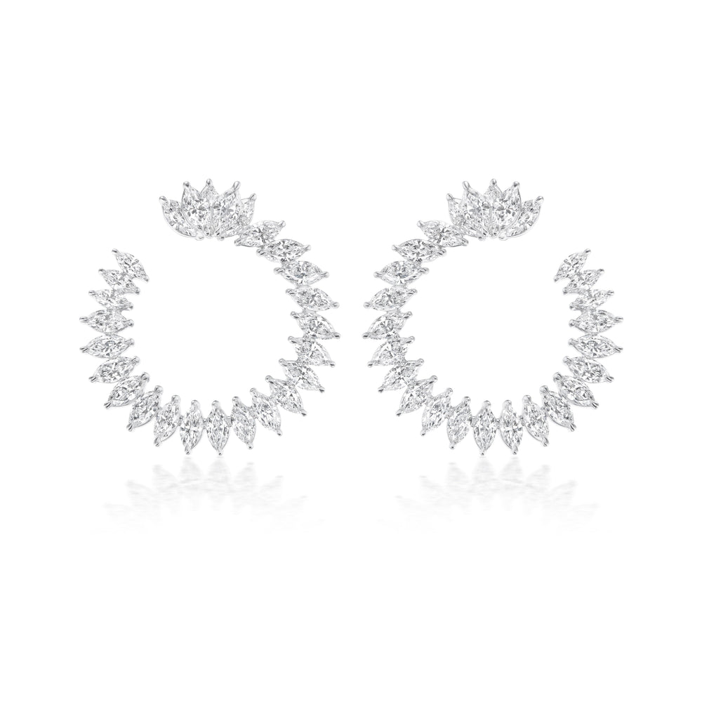 The Cluster Marquise Climbing Ivy Front to Back Hoops feature sparkling clear marquise gemstones in a spiked, fan-like design, creating an elegant look against a white background.