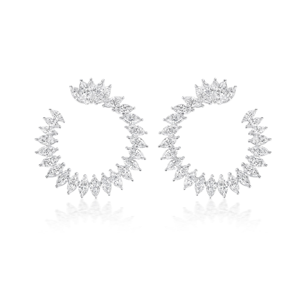 The Cluster Marquise Climbing Ivy Front to Back Hoops feature sparkling clear marquise gemstones in a spiked, fan-like design, creating an elegant look against a white background.