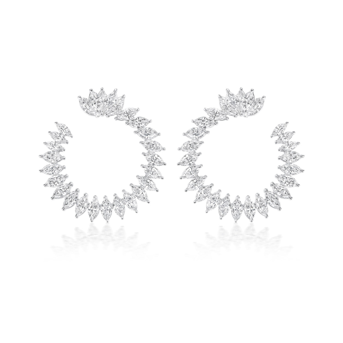 The Cluster Marquise Climbing Ivy Front to Back Hoops feature sparkling clear marquise gemstones in a spiked, fan-like design, creating an elegant look against a white background.