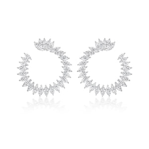 The Cluster Marquise Climbing Ivy Front to Back Hoops feature sparkling clear marquise gemstones in a spiked, fan-like design, creating an elegant look against a white background.