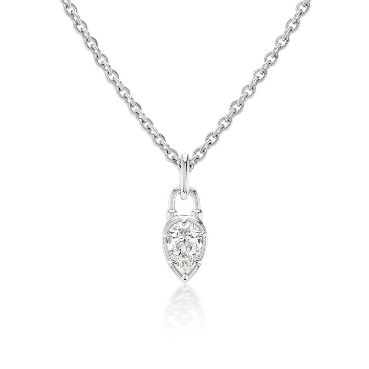 The Collet Set Locket Motif Diamond Pendant Necklace features a silver chain with a pear-shaped pendant and a sparkling center diamond, displayed against a white background.