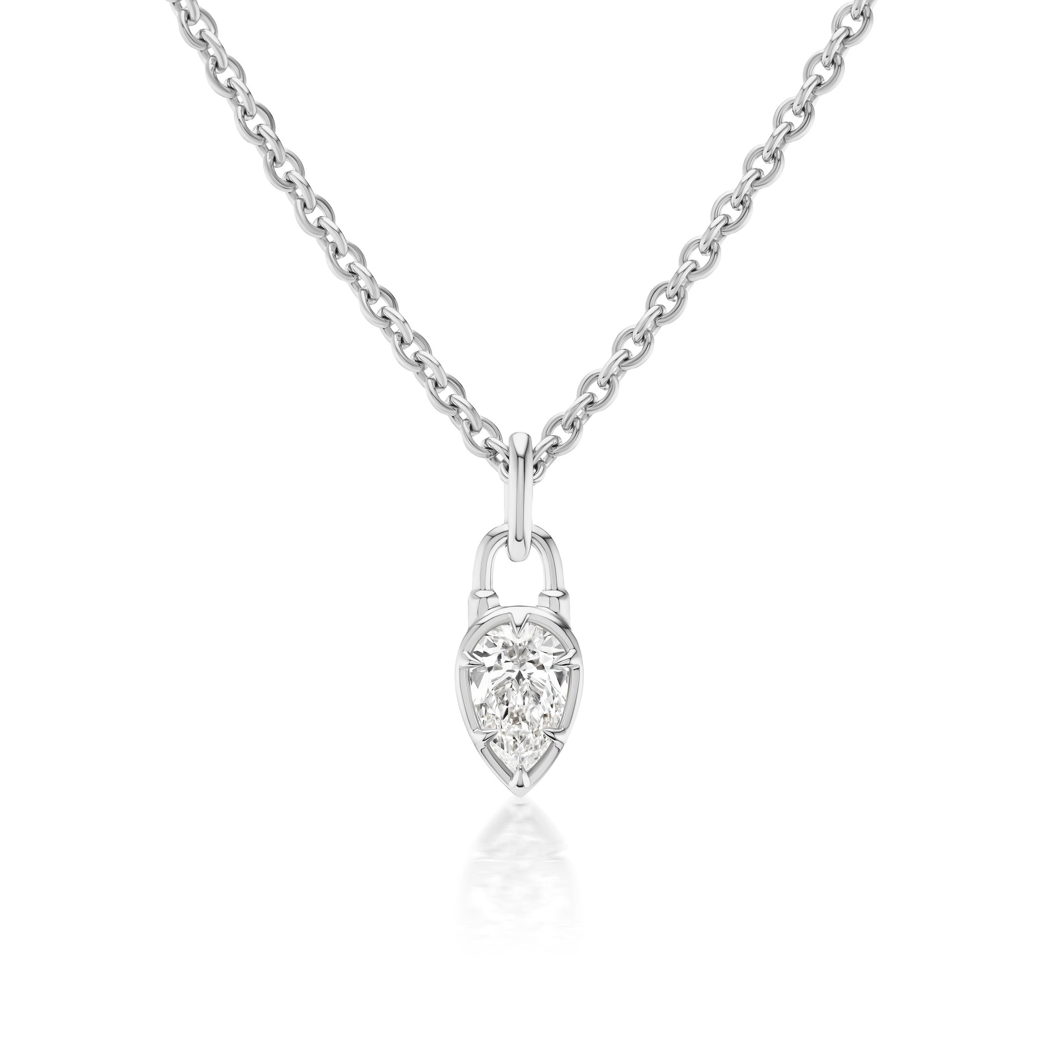 The Collet Set Locket Motif Diamond Pendant Necklace features a silver chain with a pear-shaped pendant and a sparkling center diamond, displayed against a white background.