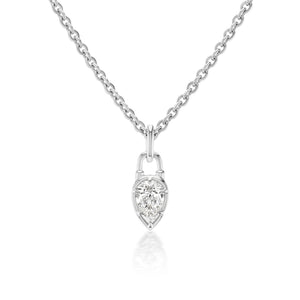 The Collet Set Locket Motif Diamond Pendant Necklace features a silver chain with a pear-shaped pendant and a sparkling center diamond, displayed against a white background.