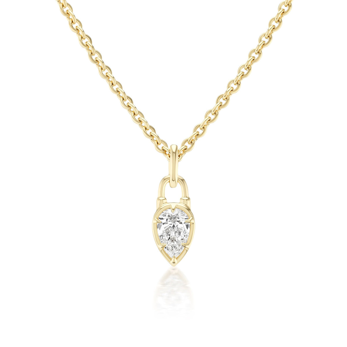 The Collet Set Locket Motif Diamond Pendant Necklace, available in yellow or white gold, showcases a pear-shaped diamond in a gold frame and is pictured against a white background.