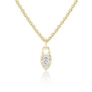 The Collet Set Locket Motif Diamond Pendant Necklace, available in yellow or white gold, showcases a pear-shaped diamond in a gold frame and is pictured against a white background.