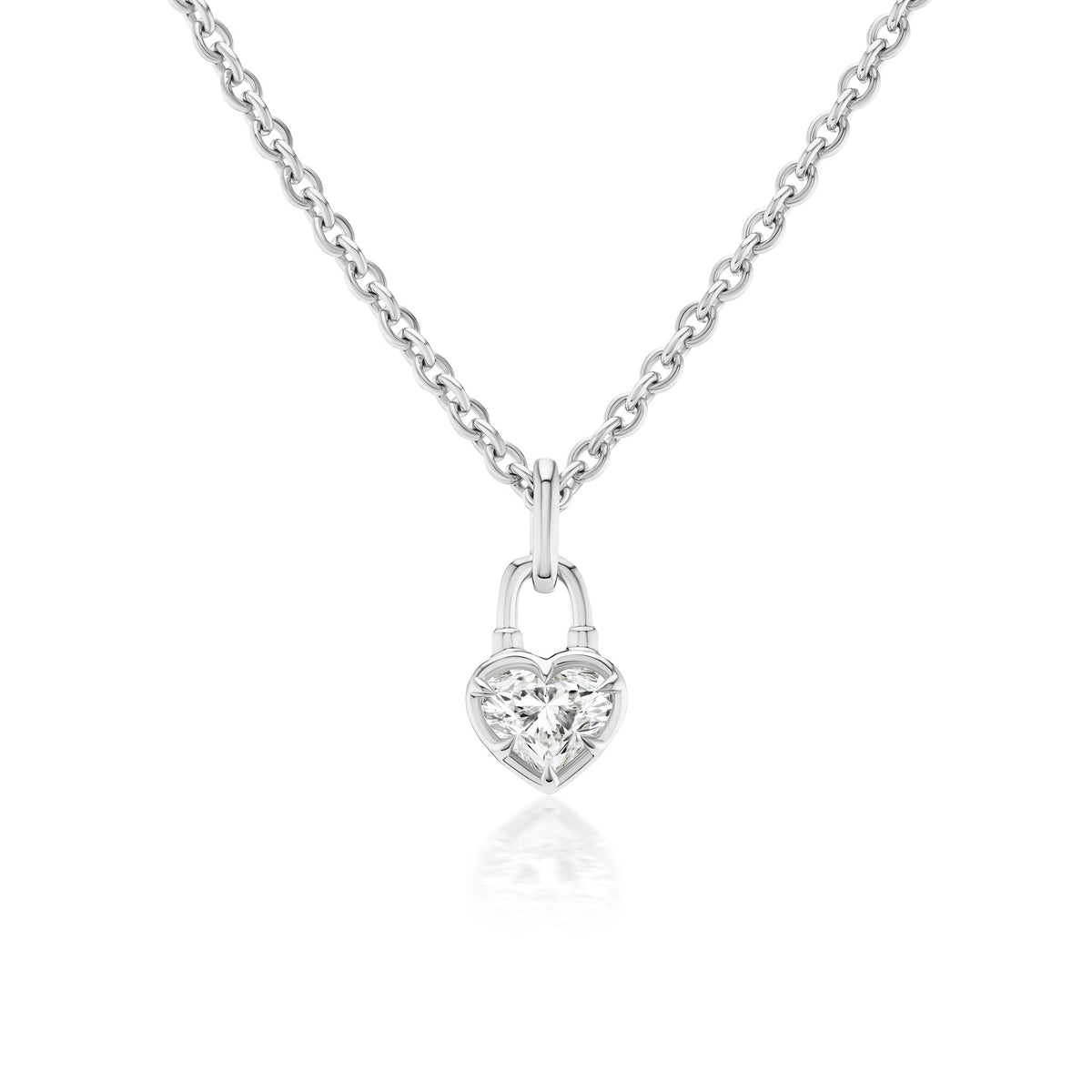 The Collet Set Locket Motif Diamond Pendant Necklace showcases a heart-shaped padlock pendant with a central sparkling diamond on a silver chain, displayed against a white background.