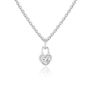 The Collet Set Locket Motif Diamond Pendant Necklace showcases a heart-shaped padlock pendant with a central sparkling diamond on a silver chain, displayed against a white background.