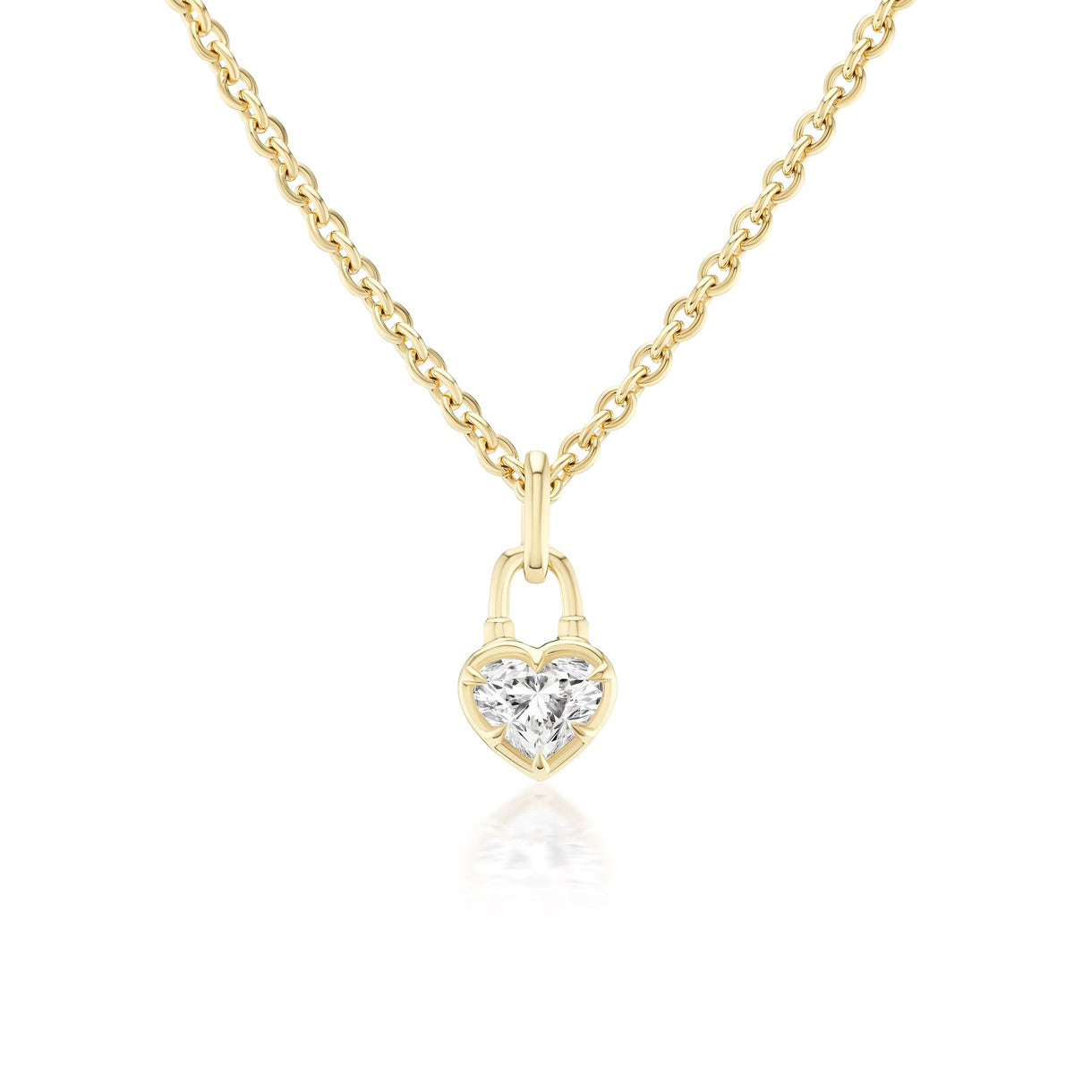 The Collet Set Locket Motif Diamond Pendant Necklace is a yellow gold chain with a heart-shaped locket and a central sparkling diamond, shown on a white background.