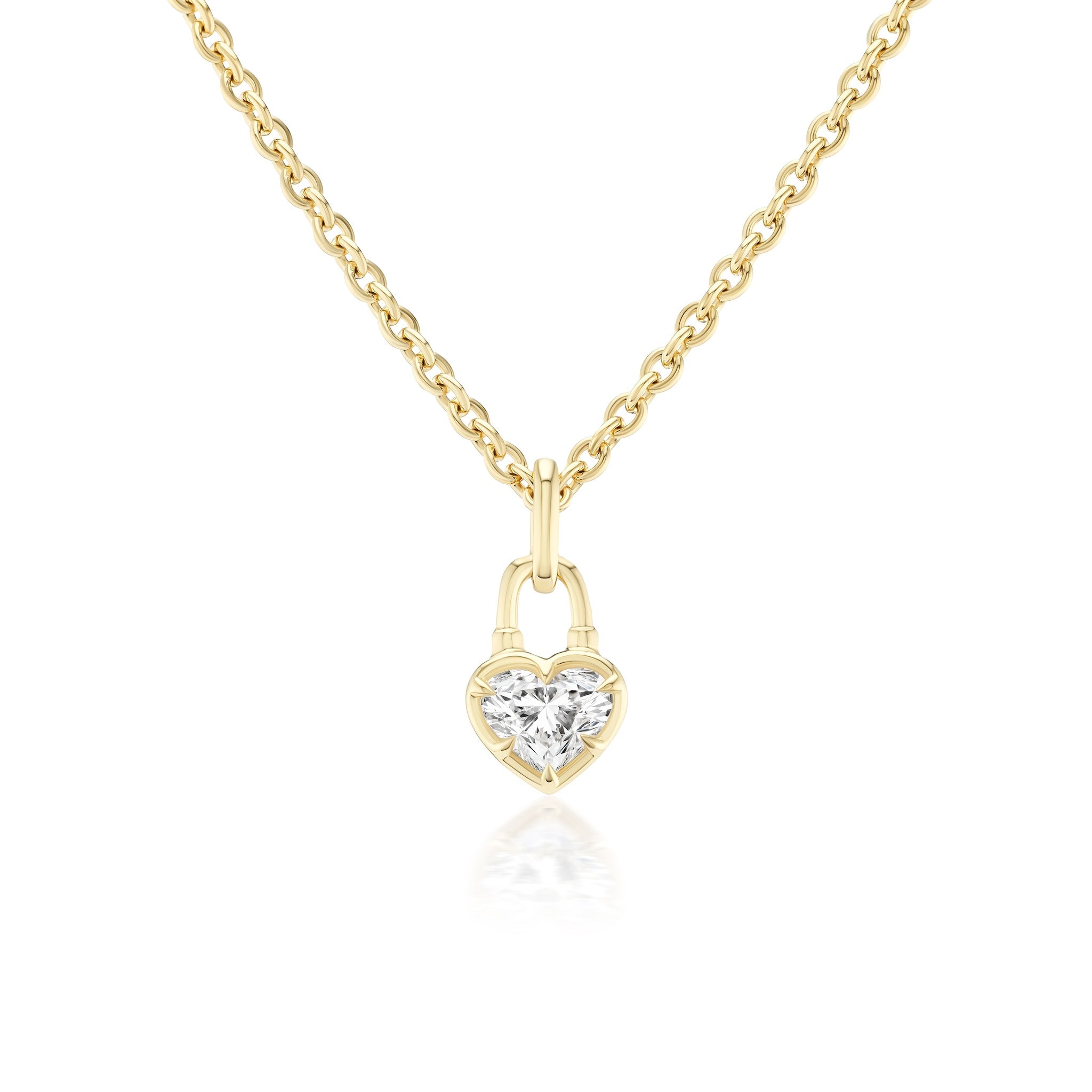 The Collet Set Locket Motif Diamond Pendant Necklace is a yellow gold chain with a heart-shaped locket and a central sparkling diamond, shown on a white background.
