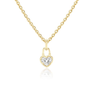 The Collet Set Locket Motif Diamond Pendant Necklace is a yellow gold chain with a heart-shaped locket and a central sparkling diamond, shown on a white background.