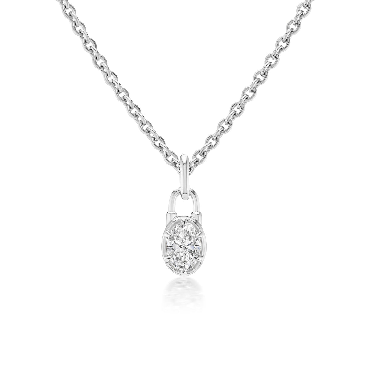 The Collet Set Locket Motif Diamond Pendant Necklace features a padlock-shaped silver pendant with a central sparkling round diamond, shown on a white background.
