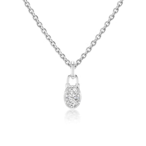 The Collet Set Locket Motif Diamond Pendant Necklace features a padlock-shaped silver pendant with a central sparkling round diamond, shown on a white background.