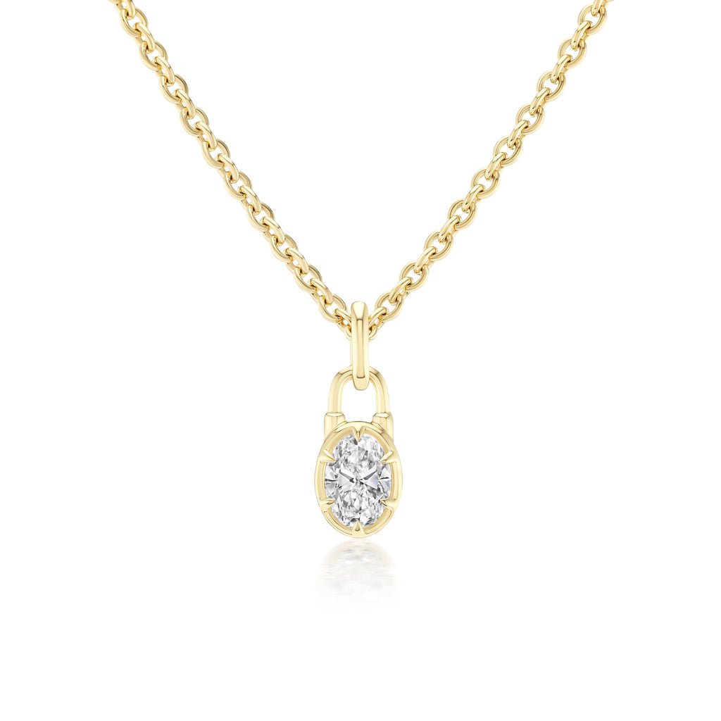 The Collet Set Locket Motif Diamond Pendant Necklace showcases a round brilliant-cut diamond in a gold setting on a sleek yellow or white gold chain.