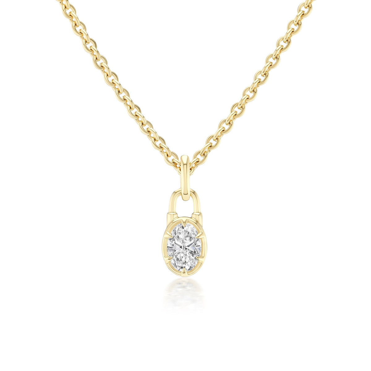 The Collet Set Locket Motif Diamond Pendant Necklace showcases a round brilliant-cut diamond in a gold setting on a sleek yellow or white gold chain.