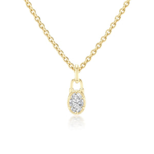 The Collet Set Locket Motif Diamond Pendant Necklace showcases a round brilliant-cut diamond in a gold setting on a sleek yellow or white gold chain.