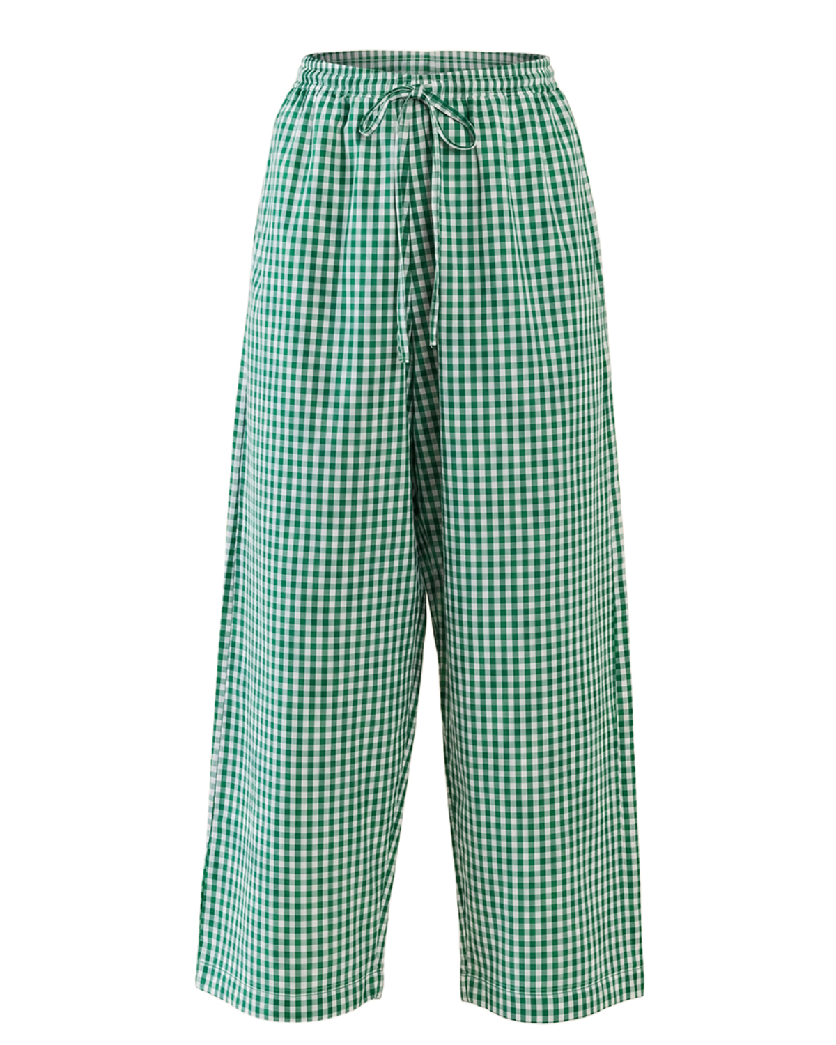 Front view of Gia Pant in Meadow Gingham showing green gingham cotton, wide legs, and drawstring tie on white background