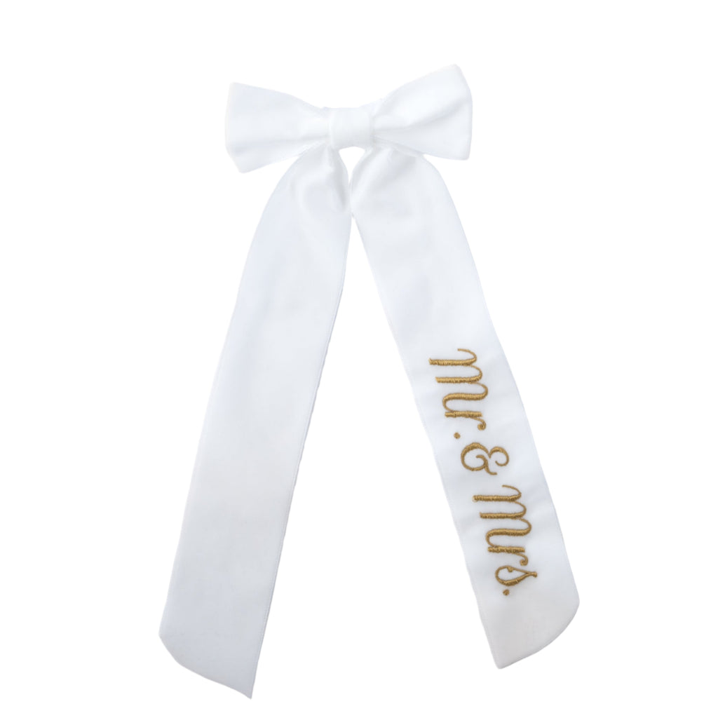 Wine Bow “Mr. & Mrs.” in White with Gold