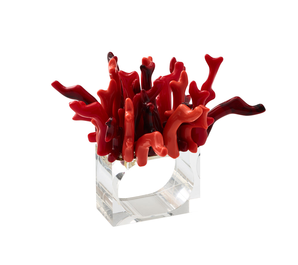 Front view of Amalfi napkin ring showing red coral-like beads on a clear square base against a white background