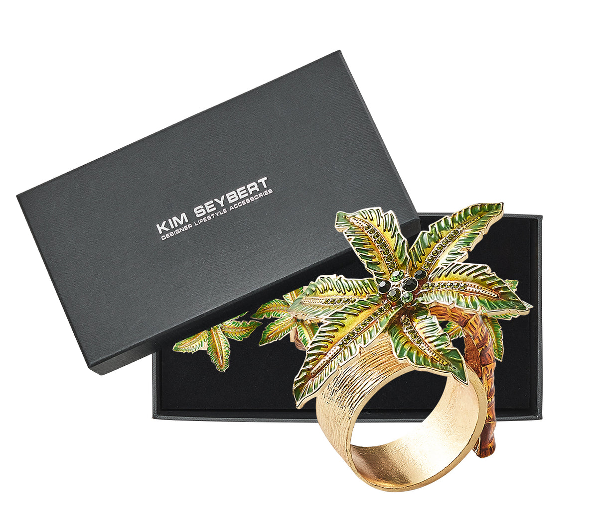 Palm Coast Napkin Ring in Green & Gold, Set of 4 in a Gift Box