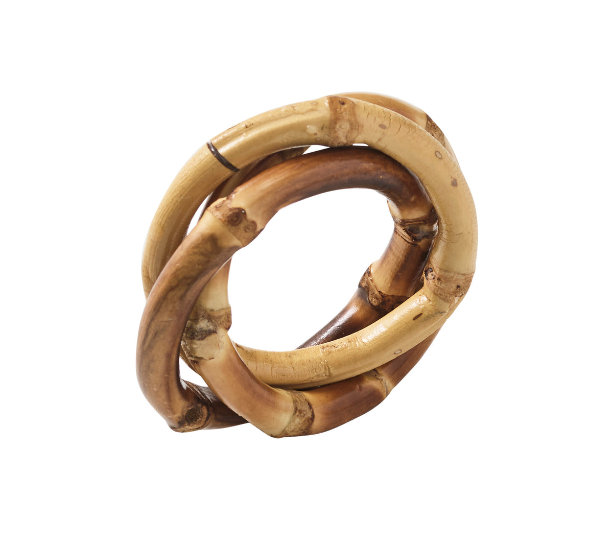 Angled view of Bamboo Trinity napkin ring showcasing three interlocking natural bamboo rings on white background