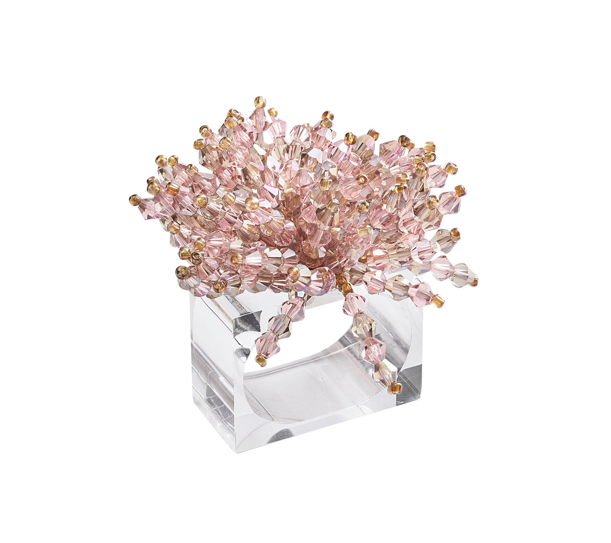 Front view of Brilliant Napkin Rings, Set of 4 showcasing blush glass beads on a clear acrylic base