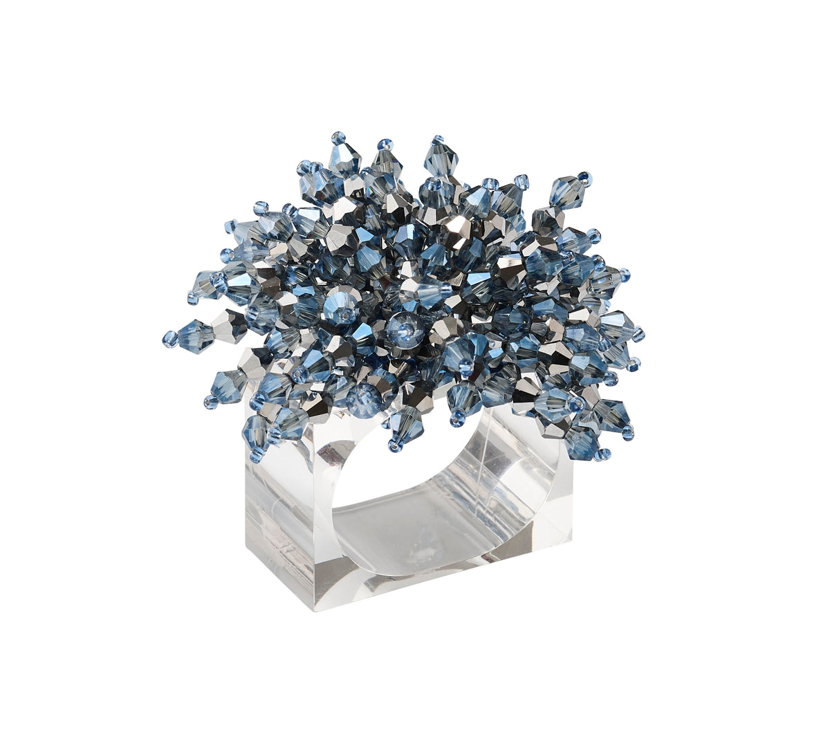 Angled view of Brilliant Napkin Ring in Midnight and Silver showcasing faceted glass beads on white background
