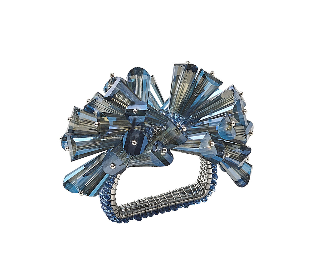 Close-up of Dazzle Napkin Ring in Midnight showcasing faceted glass beads in a curved fringe on a beaded ring