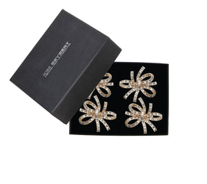 Jeweled Bow Napkin Ring in Gold & Crystal, Set of 4 in a Gift Box