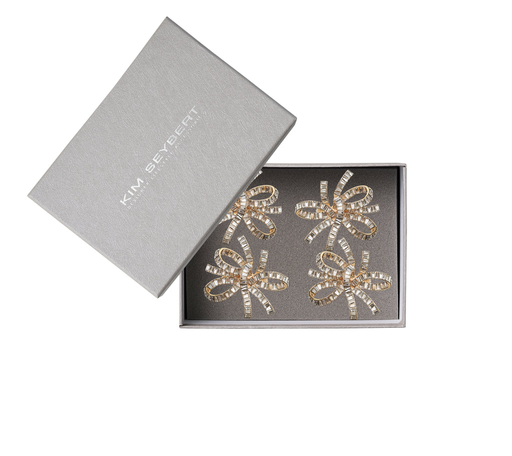 Jeweled Bow Napkin Ring in Gold & Crystal, Set of 4 in a Gift Box