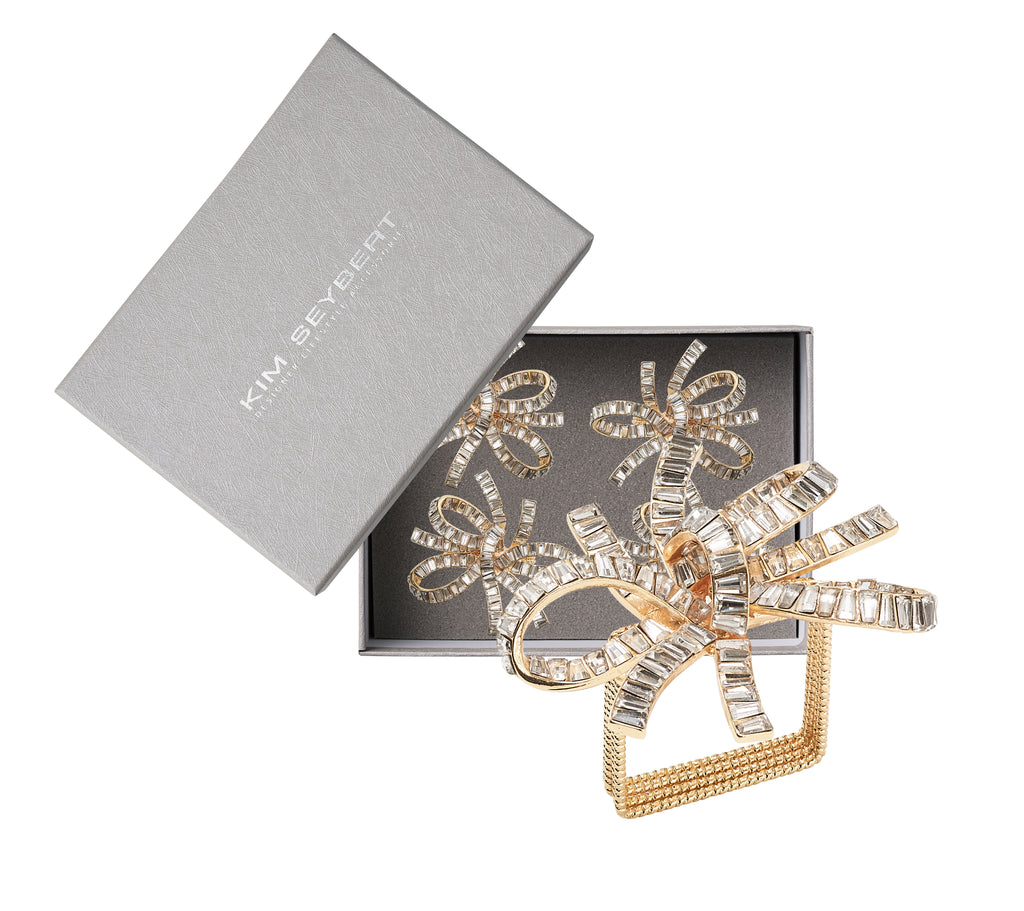 Jeweled Bow Napkin Ring in Gold & Crystal, Set of 4 in a Gift Box
